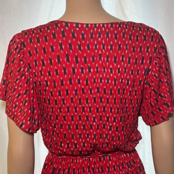 LOFT Red Ikat Print Flutter Sleeve V Neck Tie Waist Dress Women's Size S - Picture 5 of 7